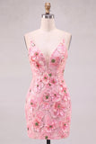 Vestido Curto de Finalista Curto de Finalistas Rosa com Decote em V, Floral, Justo e Renda nas Costas