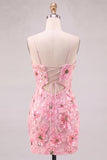 Vestido Curto de Finalista Curto de Finalistas Rosa com Decote em V, Floral, Justo e Renda nas Costas