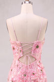 Vestido Curto de Finalista Curto de Finalistas Rosa com Decote em V, Floral, Justo e Renda nas Costas