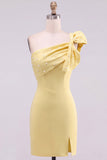 Vestido Curto de Regresso a Casa Amarelo, Bodycon Bodycon, Pérola e Pérolas Com Detalhe de Laço