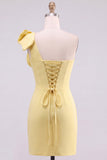 Vestido Curto de Regresso a Casa Amarelo, Bodycon Bodycon, Pérola e Pérolas Com Detalhe de Laço