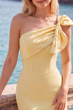 Vestido Curto de Regresso a Casa Amarelo, Bodycon Bodycon, Pérola e Pérolas Com Detalhe de Laço