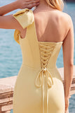 Vestido Curto de Regresso a Casa Amarelo, Bodycon Bodycon, Pérola e Pérolas Com Detalhe de Laço