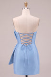 Vestido Curto de Regresso a Casa Bodycon Azul Real Bodycon, Sem Alças, com laço oversize à frente