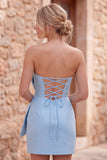 Vestido Curto de Regresso a Casa Bodycon Azul Real Bodycon, Sem Alças, com laço oversize à frente