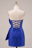 Vestido Curto de Regresso a Casa Bodycon Azul Real Bodycon, Sem Alças, com laço oversize à frente