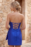 Vestido Curto de Regresso a Casa Bodycon Azul Real Bodycon, Sem Alças, com laço oversize à frente