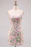 Vestido de Mini-Regresso a Casa Corpete Jacquard Bodycon Rosa Floral Sem Alças