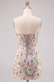 Vestido de Mini-Regresso a Casa Corpete Jacquard Bodycon Rosa Floral Sem Alças
