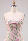 Vestido de Mini-Regresso a Casa Corpete Jacquard Bodycon Rosa Floral Sem Alças