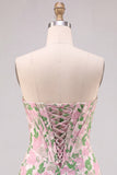 Vestido de Mini-Regresso a Casa Corpete Jacquard Bodycon Rosa Floral Sem Alças