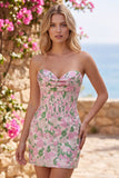 Vestido de Mini-Regresso a Casa Corpete Jacquard Bodycon Rosa Floral Sem Alças