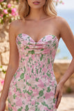 Vestido de Mini-Regresso a Casa Corpete Jacquard Bodycon Rosa Floral Sem Alças