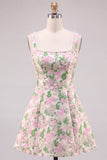 Vestido curto de regresso a casa com alças de pérolas em brocado floral A-Line com laço nas costas