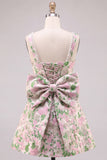 Vestido curto de regresso a casa com alças de pérolas em brocado floral A-Line com laço nas costas