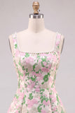 Vestido curto de regresso a casa com alças de pérolas em brocado floral A-Line com laço nas costas