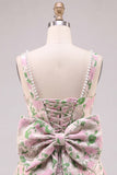 Vestido curto de regresso a casa com alças de pérolas em brocado floral A-Line com laço nas costas