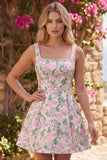 Vestido curto de regresso a casa com alças de pérolas em brocado floral A-Line com laço nas costas