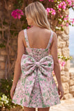 Vestido curto de regresso a casa com alças de pérolas em brocado floral A-Line com laço nas costas