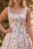 Vestido curto de regresso a casa com alças de pérolas em brocado floral A-Line com laço nas costas
