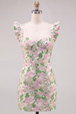 Vestido Mini de Regresso a Casa Bodycon com Mangas Flacewing em Jacquard Cor-de-rosa Floral