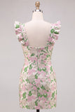 Vestido Mini de Regresso a Casa Bodycon com Mangas Flacewing em Jacquard Cor-de-rosa Floral