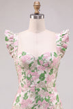 Vestido Mini de Regresso a Casa Bodycon com Mangas Flacewing em Jacquard Cor-de-rosa Floral