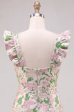 Vestido Mini de Regresso a Casa Bodycon com Mangas Flacewing em Jacquard Cor-de-rosa Floral