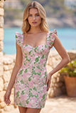 Vestido Mini de Regresso a Casa Bodycon com Mangas Flacewing em Jacquard Cor-de-rosa Floral