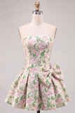 Vestido Curto de Regresso a Casa Pink A-Line Floral Jacquard Curto com Laço