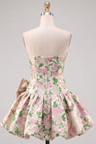 Vestido Curto de Regresso a Casa Pink A-Line Floral Jacquard Curto com Laço