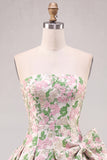 Vestido Curto de Regresso a Casa Pink A-Line Floral Jacquard Curto com Laço