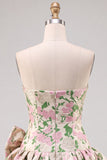 Vestido Curto de Regresso a Casa Pink A-Line Floral Jacquard Curto com Laço
