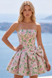 Vestido Curto de Regresso a Casa Pink A-Line Floral Jacquard Curto com Laço