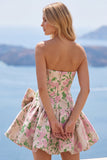 Vestido Curto de Regresso a Casa Pink A-Line Floral Jacquard Curto com Laço
