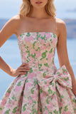 Vestido Curto de Regresso a Casa Pink A-Line Floral Jacquard Curto com Laço