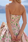 Vestido Curto de Regresso a Casa Pink A-Line Floral Jacquard Curto com Laço
