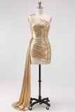Vestido Curto de Regresso a Casa Metálico Metálico Dourado, Arrugado e Franzido, com cauda lateral