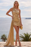 Vestido Curto de Regresso a Casa Metálico Metálico Dourado, Arrugado e Franzido, com cauda lateral