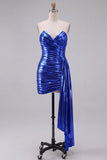 Vestido Curto de Regresso a Casa Azul Metálico Azul Real Metálico Sem Alças, com Cascata Lateral