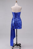 Vestido Curto de Regresso a Casa Azul Metálico Azul Real Metálico Sem Alças, com Cascata Lateral