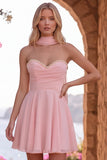 Vestido Amarelo A-Line Pérola Calço Sem Alças de Chiffon Curta de Regresso a Casa com Cachecol