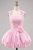 Vestido Curto de Finalista Rosa Pérola 3D Flor com Folhos e Vestido Curto de Regresso a Casa com Laço