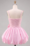 Vestido Curto de Finalista Rosa Pérola 3D Flor com Folhos e Vestido Curto de Regresso a Casa com Laço