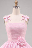 Vestido Curto de Finalista Rosa Pérola 3D Flor com Folhos e Vestido Curto de Regresso a Casa com Laço