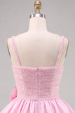 Vestido Curto de Finalista Rosa Pérola 3D Flor com Folhos e Vestido Curto de Regresso a Casa com Laço