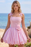 Vestido Curto de Finalista Rosa Pérola 3D Flor com Folhos e Vestido Curto de Regresso a Casa com Laço