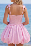 Vestido Curto de Finalista Rosa Pérola 3D Flor com Folhos e Vestido Curto de Regresso a Casa com Laço
