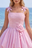 Vestido Curto de Finalista Rosa Pérola 3D Flor com Folhos e Vestido Curto de Regresso a Casa com Laço