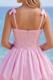 Vestido Curto de Finalista Rosa Pérola 3D Flor com Folhos e Vestido Curto de Regresso a Casa com Laço